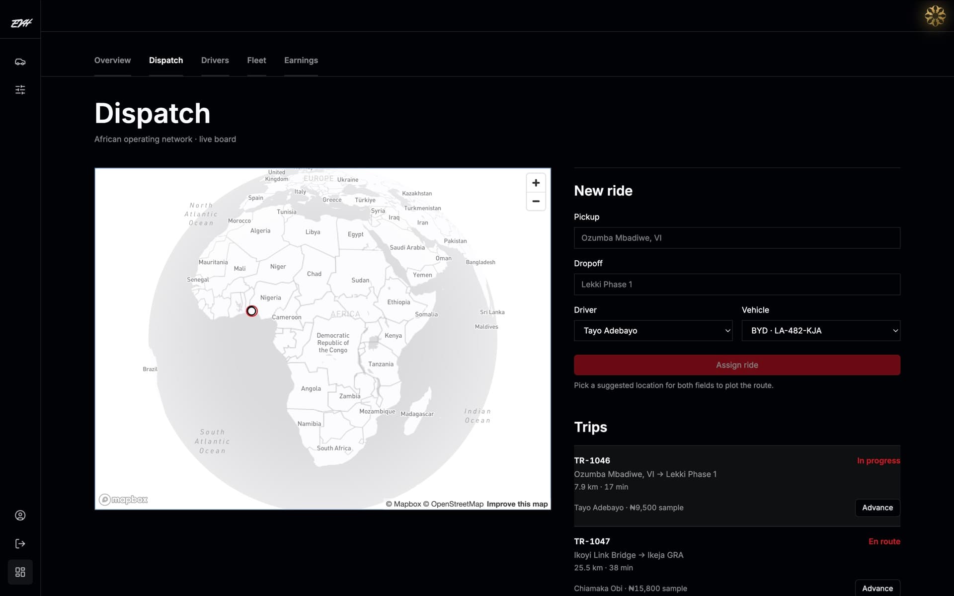 EVH dispatch workspace with an Africa map, ride assignment form, and trip statuses.