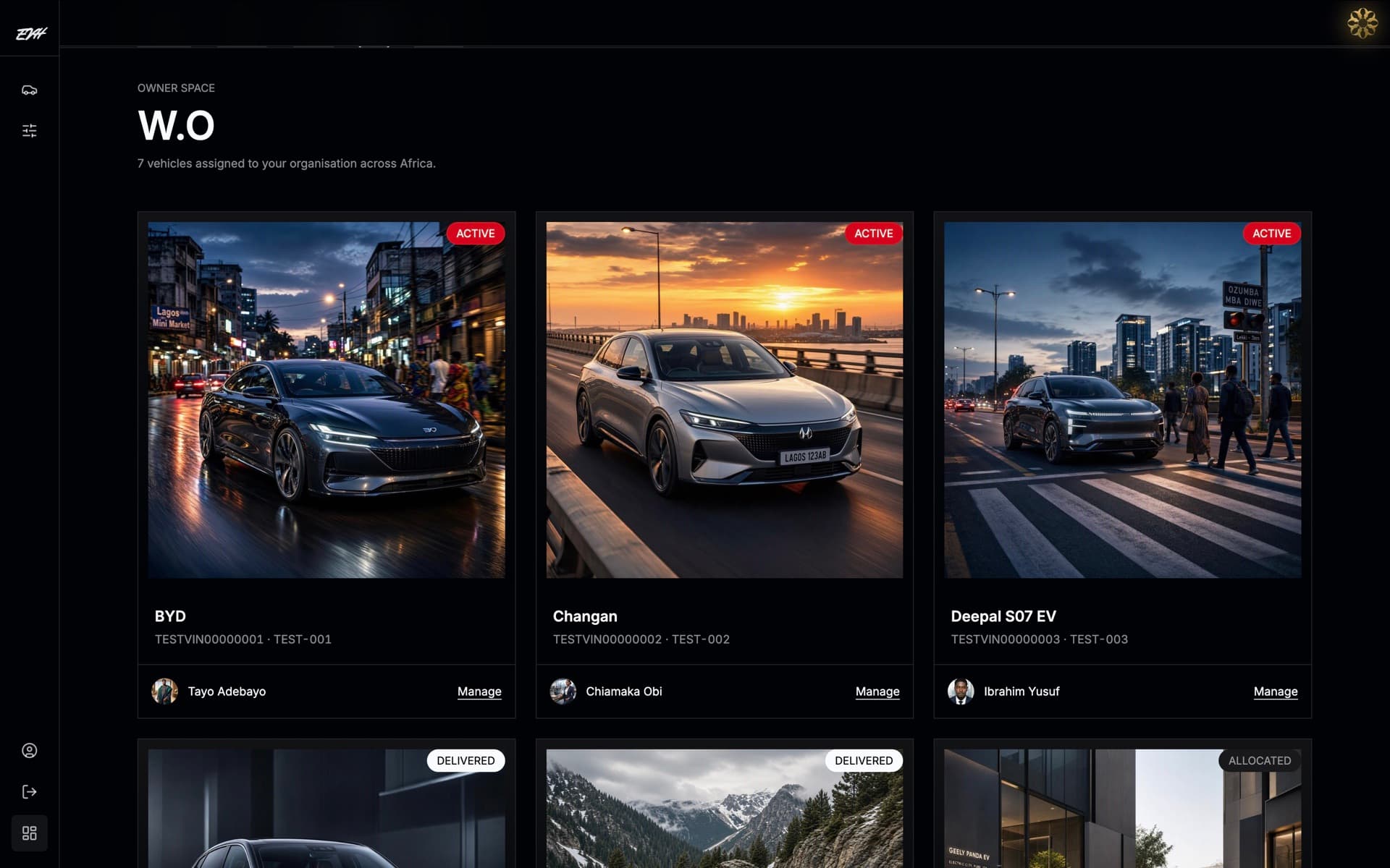 EVH fleet management grid with vehicle images, operational states, and assigned drivers.