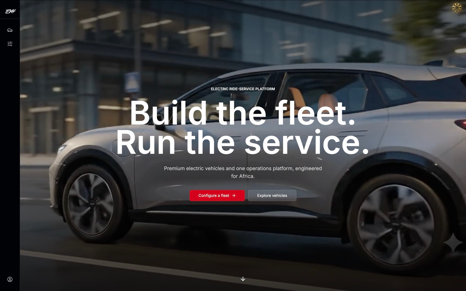 EVH landing page showing a white electric SUV and the headline Build the fleet. Run the service.