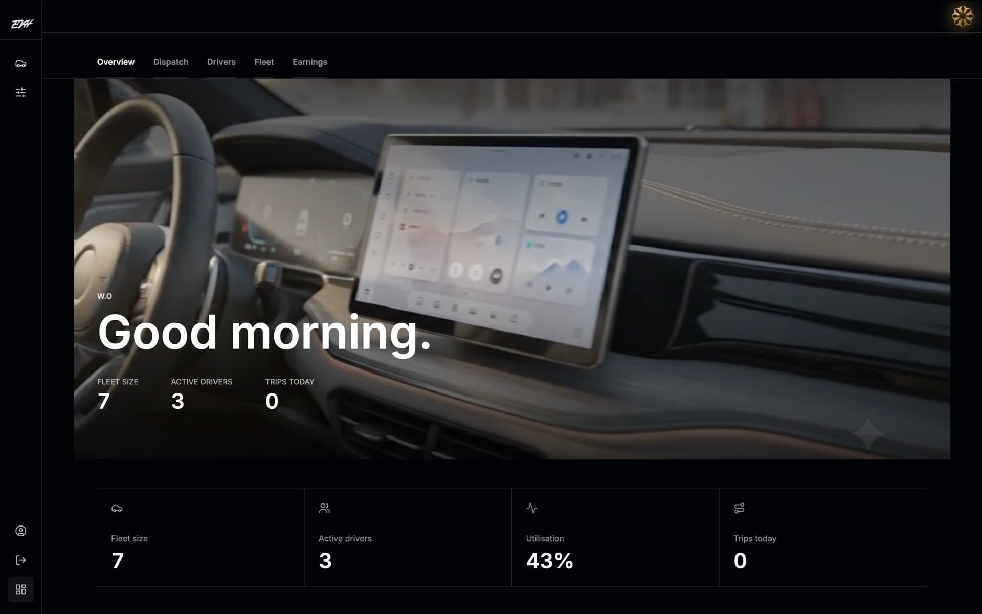 EVH operations overview dashboard showing fleet, driver, utilization, and trip summaries.