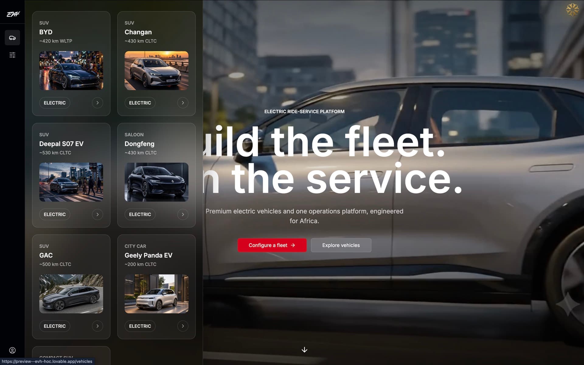EVH electric vehicle catalogue shown beside the landing page.